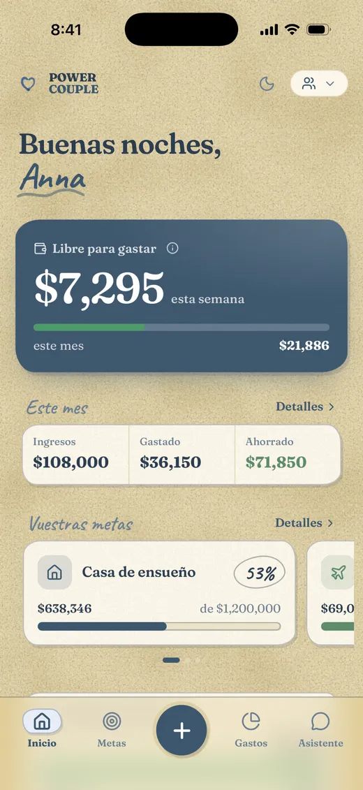 La página de Inicio: buenas noches, Anna, lo libre para gastar esta semana y los totales del mes.