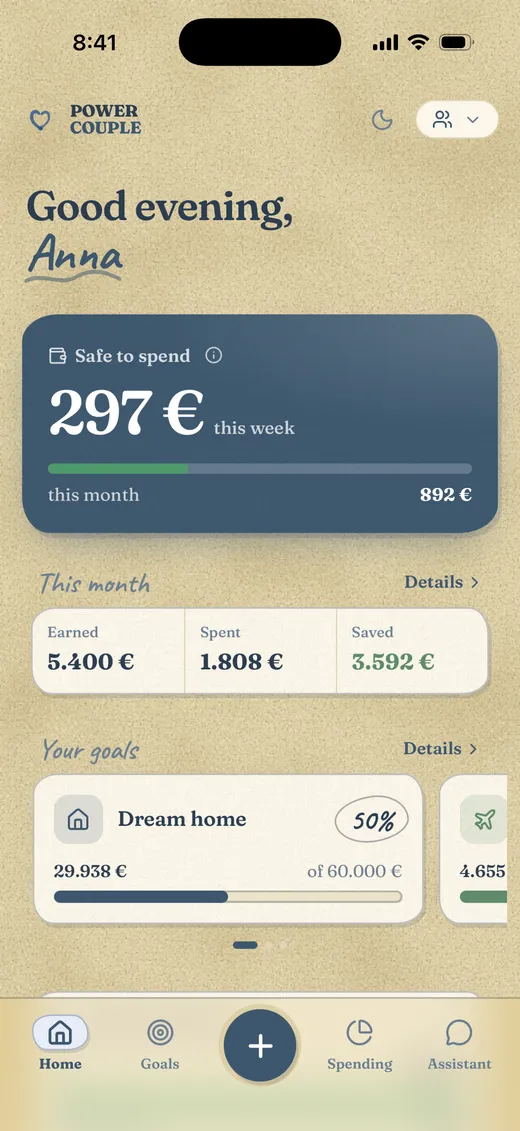 The Home page: Good evening Anna, money safe to spend this week, and this month’s totals.