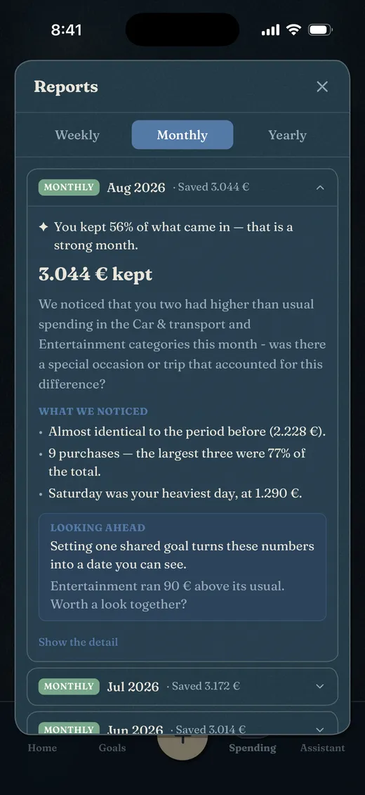 A monthly report in dark mode, written in plain words.