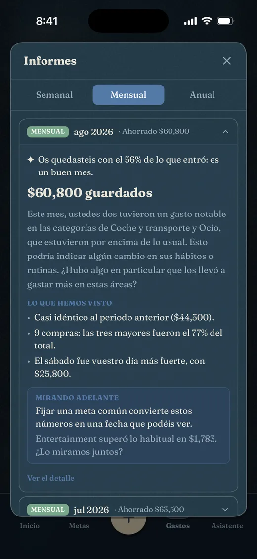 Un reporte mensual en modo oscuro, en palabras simples.