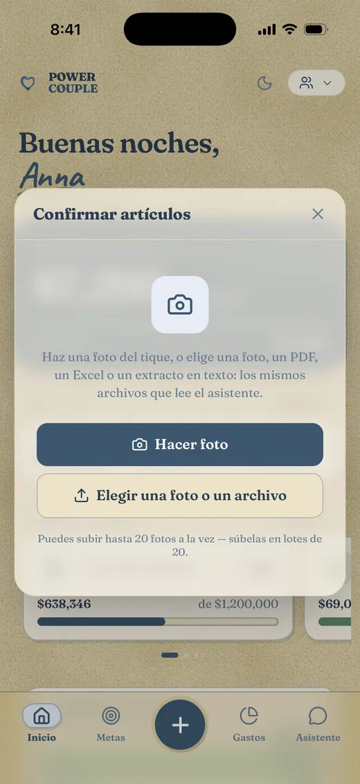 Agregar un ticket: tomen una foto o elijan un archivo, y los artículos se llenan solos.