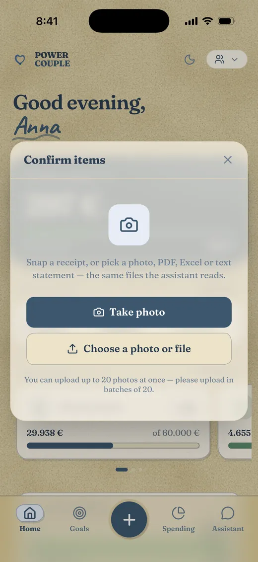 Adding a receipt: take a photo or pick a file, and the items fill themselves in.